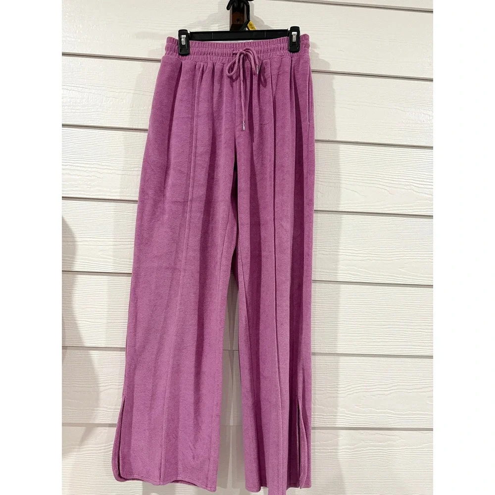 B- 036- 3 Piece Terry Cloth Lounge Set Orchid Pink Crop Top Bralette Wide Leg